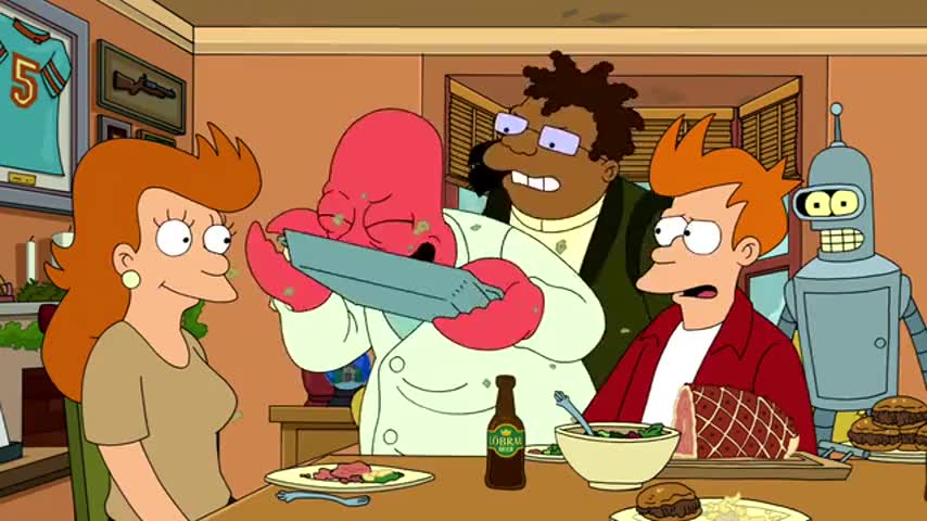 Clip of quote: Stop eating, Zoidberg! We're only here to get Fry out of the house.
