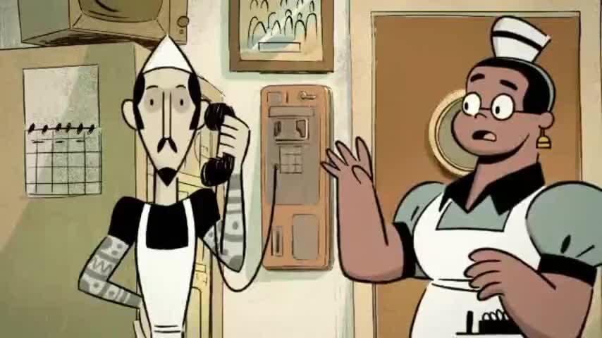 Clip of quote: [man whistles] Hamburg, order up!