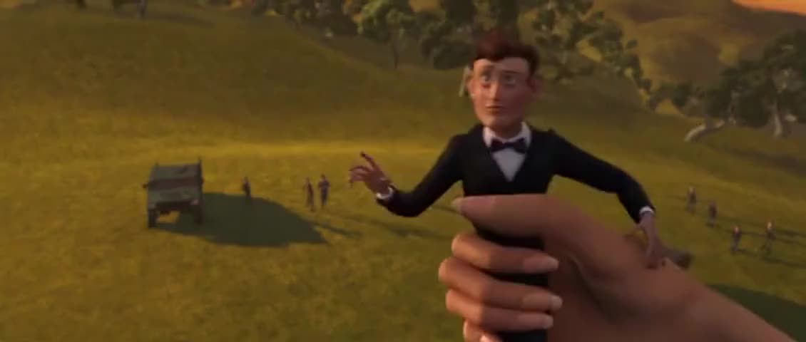 Clip of quote: Don't panic! Don't worry! Whatever you do, don't drop...