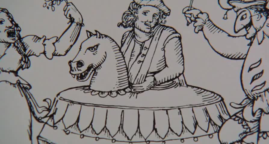 Clip of quote: "'who canters at the head of the procession, charging at the girls.
