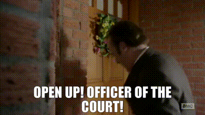 Scene from Better call Saul: Saul knocks on a door subtitled "Open up! Officer of the court!".